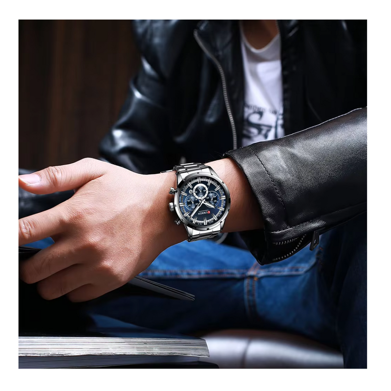 Reloj CURREN 8355 Cronógrafo Para Hombre Plateado Fondo Azul