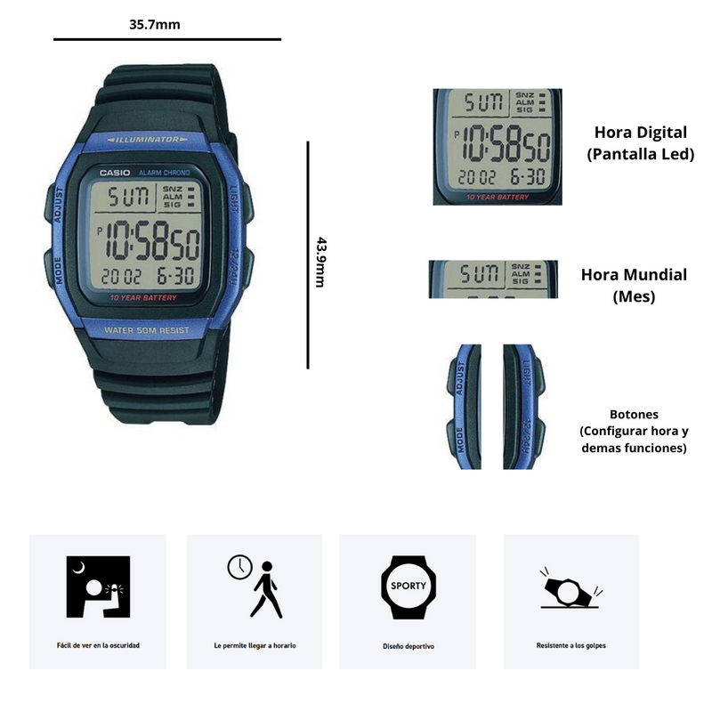 Reloj Casio W-96H-2AV Diseño Deportivo