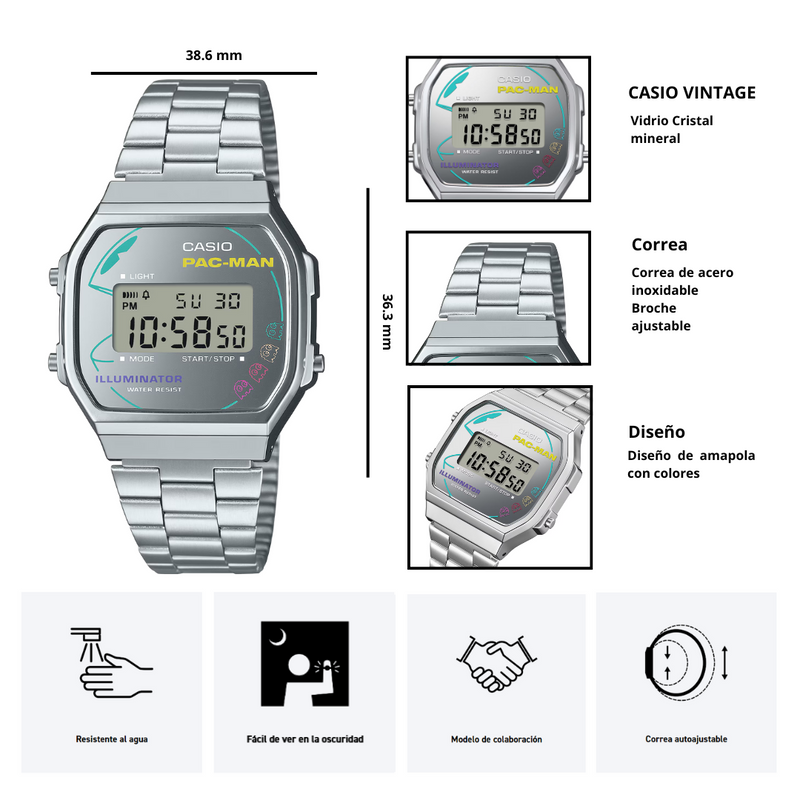 Reloj Casio Modelo A168WEPC-7A Diseño Vintage Edición PAC-MAN