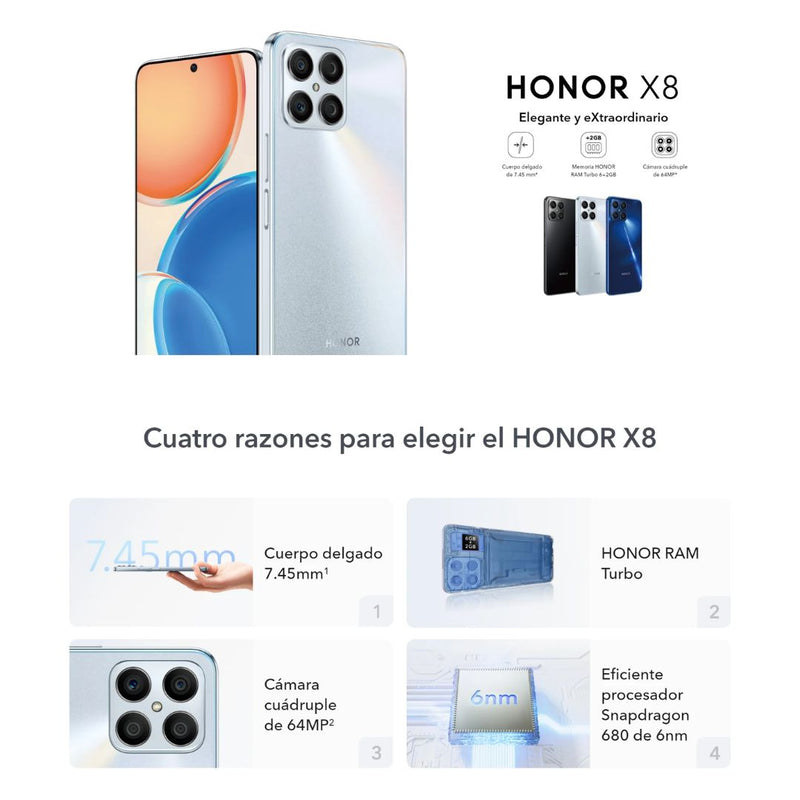 Celular HONOR X8 128GB/8GB RAM – Plata