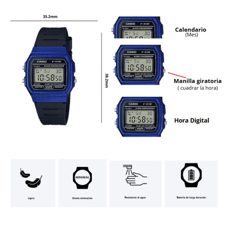 Reloj Casio Referencia F-91WM-2A Deportivo Retro Original