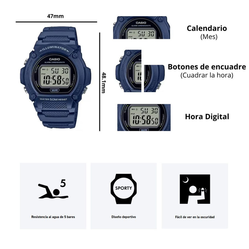 Reloj Casio Referencia W-219H-2A Diseño Deportivo