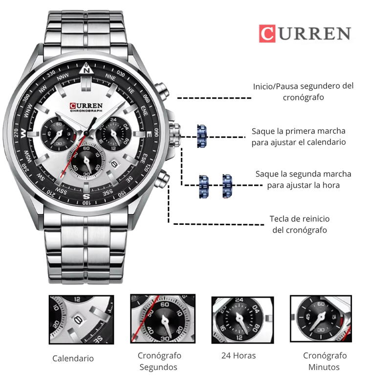 Reloj CURREN 8399 Cronógrafo Para Hombre - Plateado