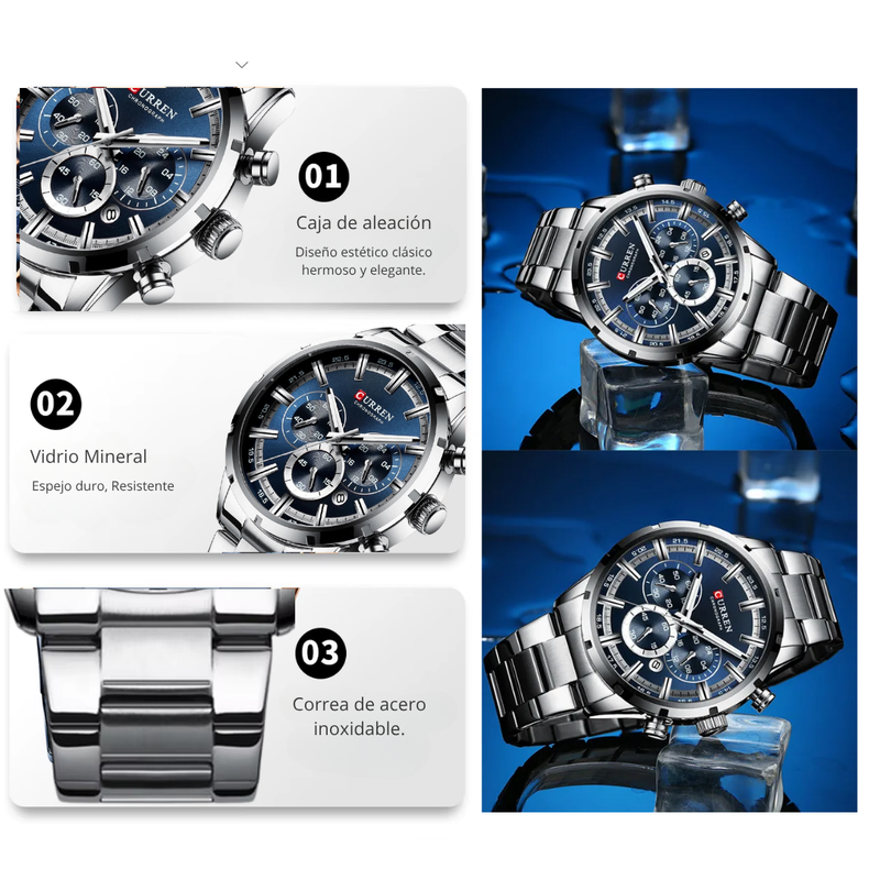 Reloj CURREN 8355 Cronógrafo Para Hombre Plateado Fondo Azul
