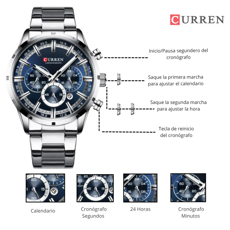 Reloj CURREN 8355 Cronógrafo Para Hombre Plateado Fondo Azul
