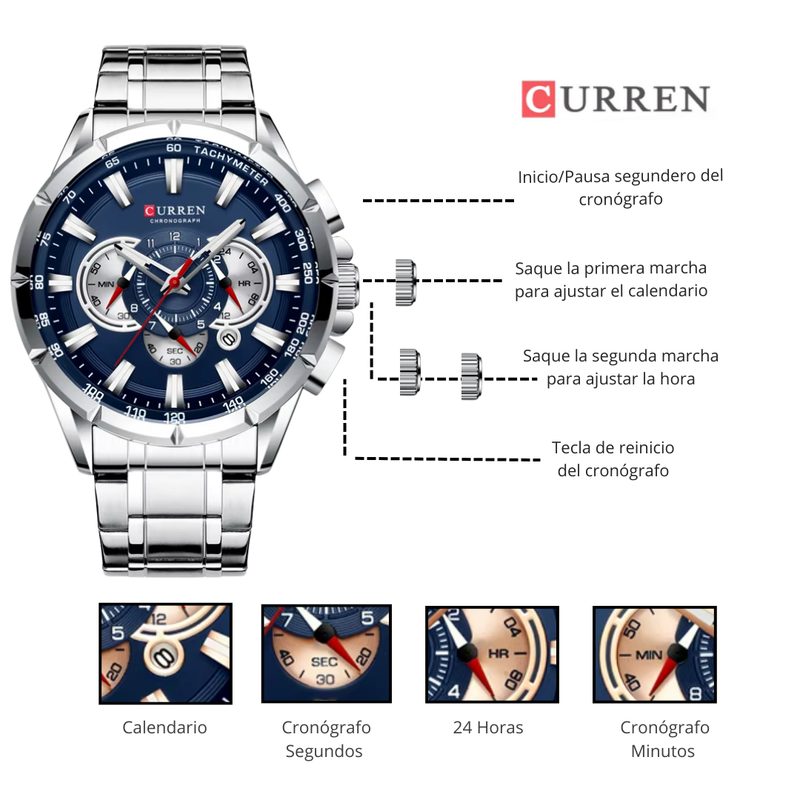 Reloj CURREN 8363 Cronógrafo Para Hombre Plateado Azul