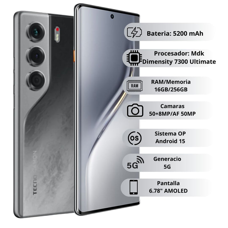 Celular TECNO CAMON 40 Pro 5G 256GB/8GB RAM - Negro
