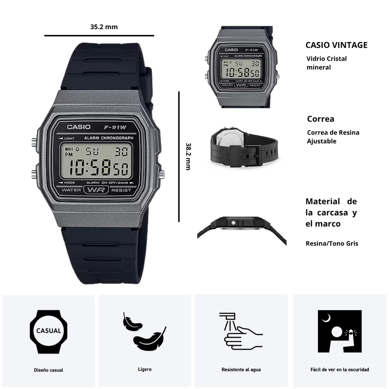 Reloj Casio F-91WM-1B Diseño Clásico