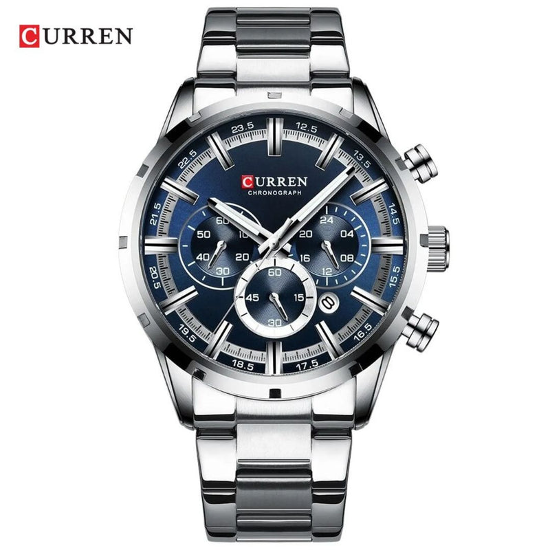 Reloj CURREN 8355 Cronógrafo Para Hombre Plateado Fondo Azul