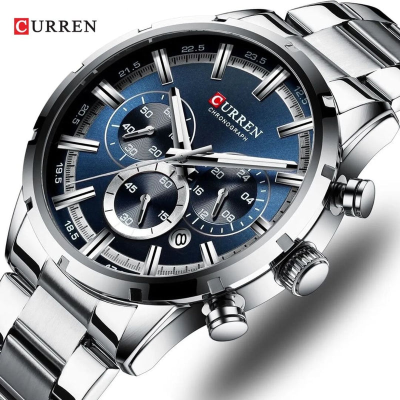 Reloj CURREN 8355 Cronógrafo Para Hombre Plateado Fondo Azul