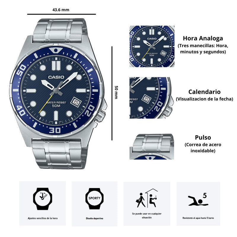 Reloj Casio Modelo MTD-135D-2A Diseño Deportivo
