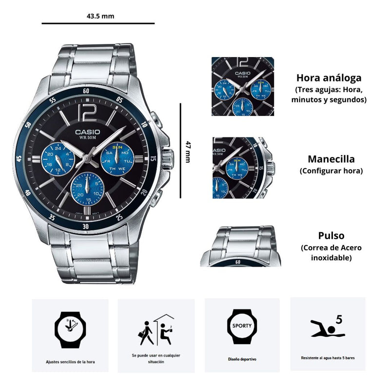 Reloj Casio Modelo MTP-1374D-2A Diseño Elegante