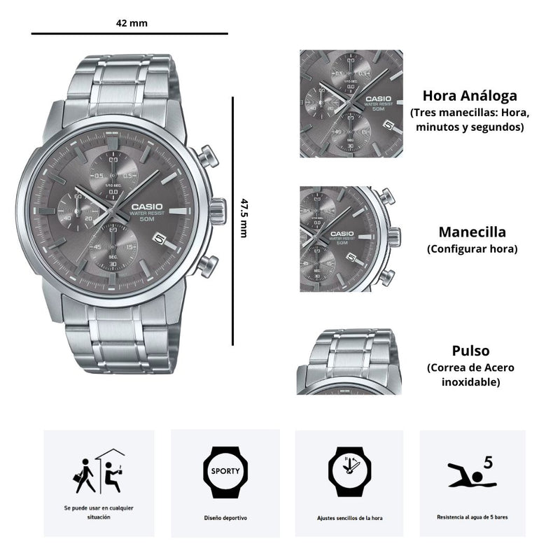 Reloj Casio MTP-E510D-8A Diseño Elegante