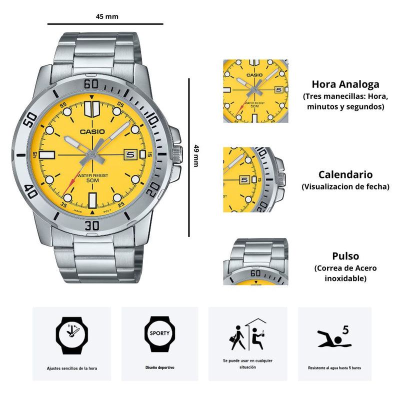 Reloj Casio Modelo MTP-VD01D-9E Diseño Deportivo