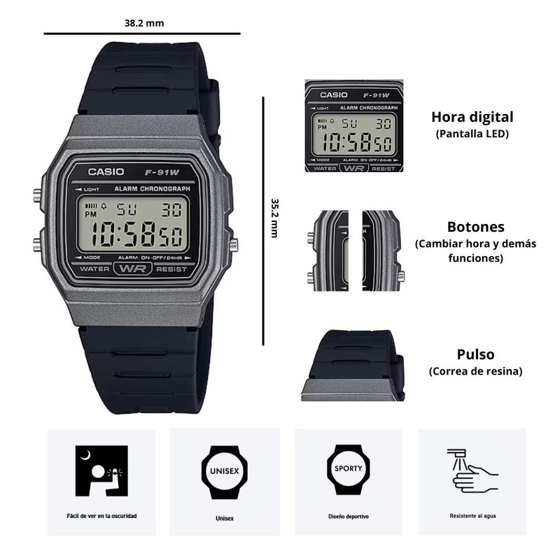 Reloj Casio F-91WM-1B Diseño Clásico