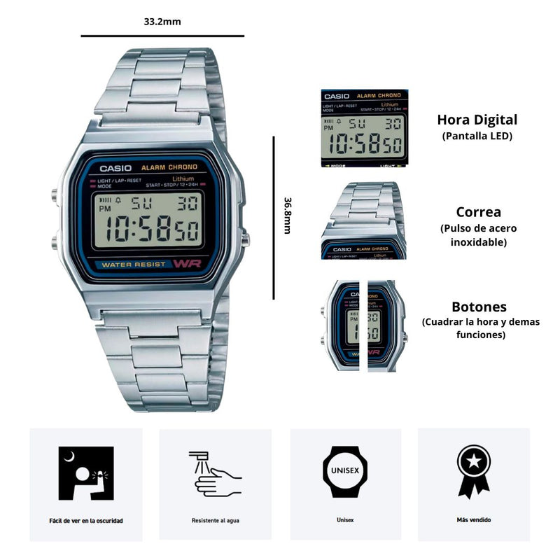 Reloj Casio Referencia A158WA-1DF Diseño Vintage