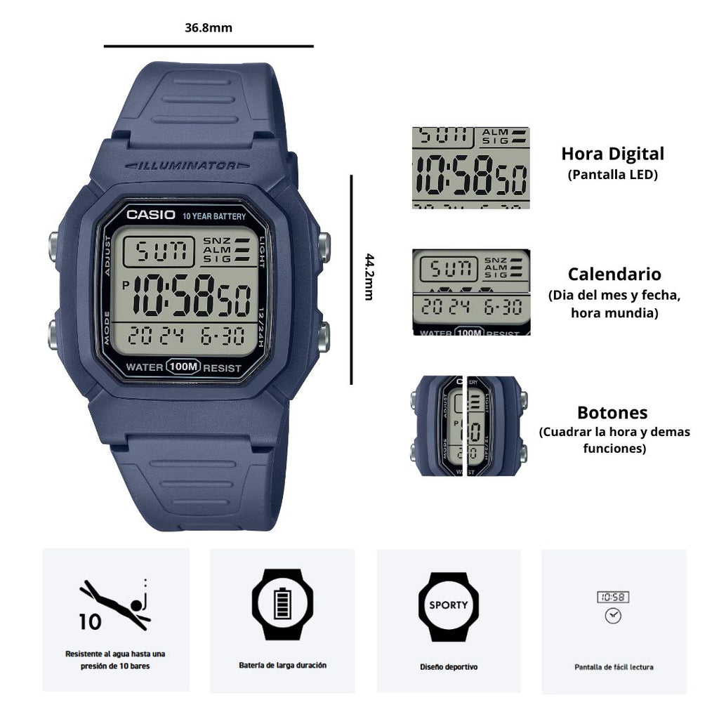Reloj Casio Referencia W-800H-2A Diseño Deportivo