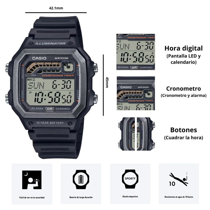 Reloj Casio Referencia WS-1600H-1A Diseño Deportivo