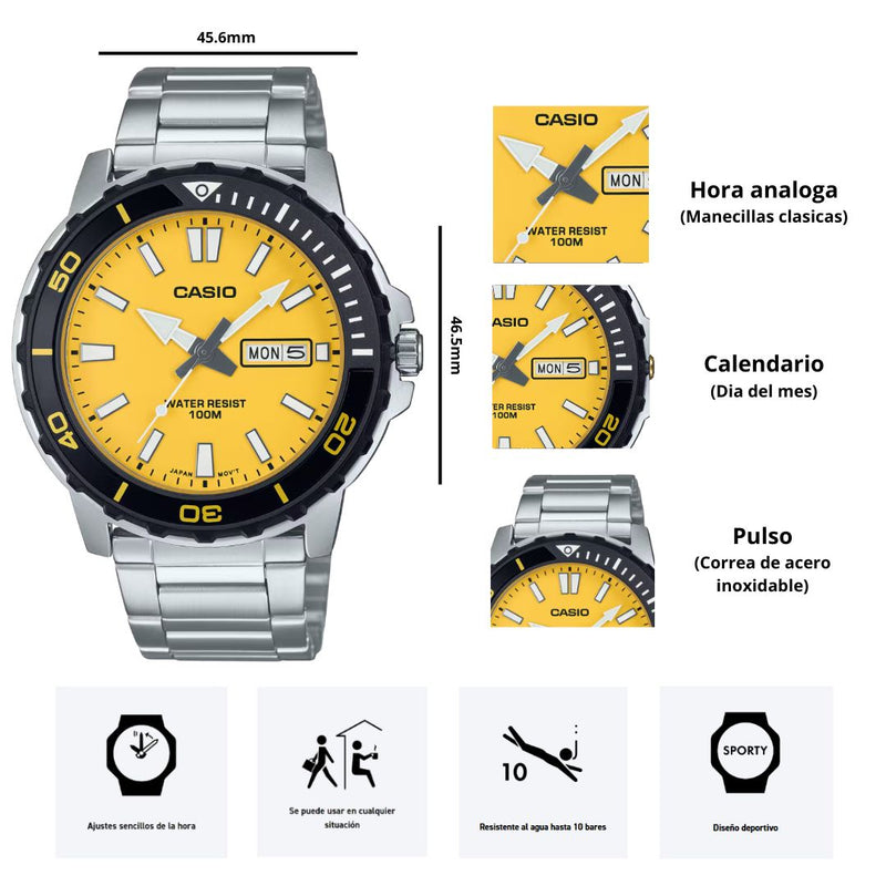 Reloj Casio MTD-125D-9A Sumergible 100 Metros