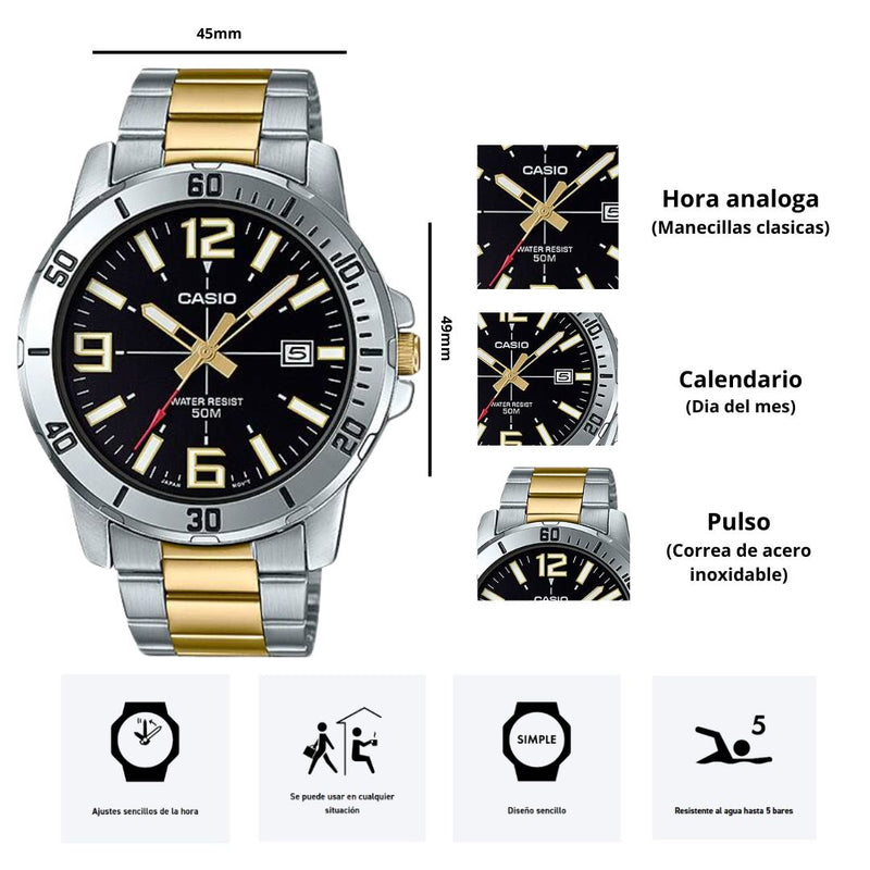 Reloj Casio MTP-VD01SG-1B Diseño Elegante