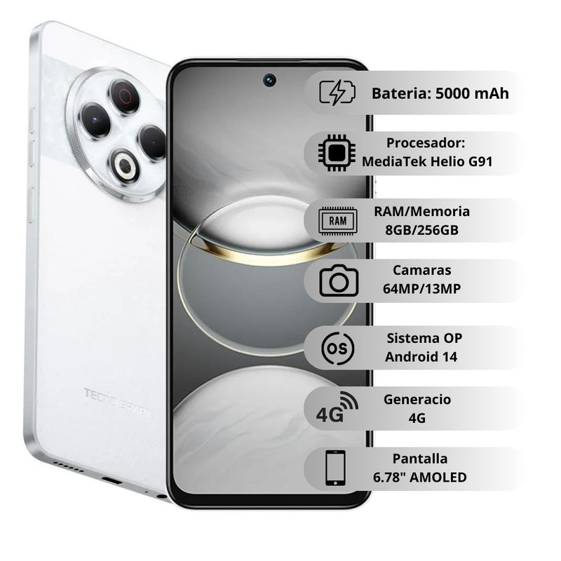 Celular TECNO SPARK 30 256GB/8GB RAM - Blanco