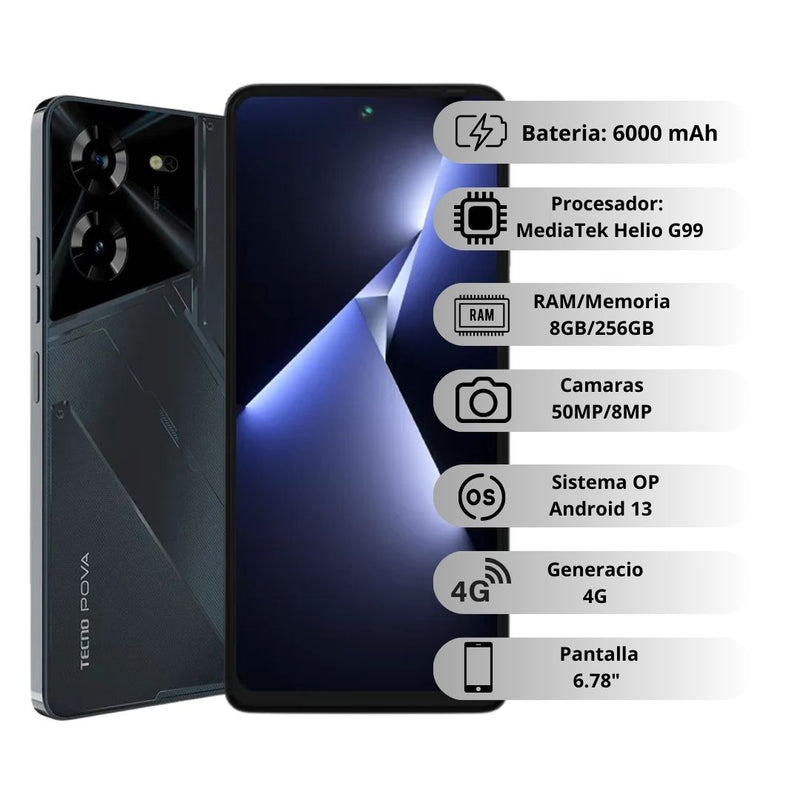 Celular Tecno POVA 5 Gamer 256GB/8GB RAM - Negro