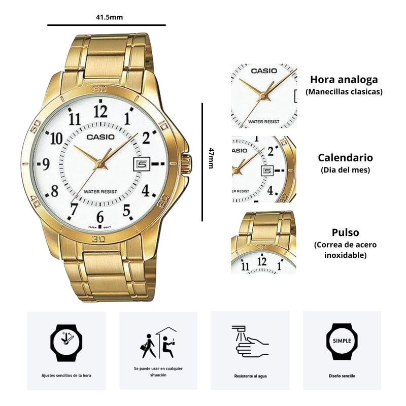 Reloj Casio Modelo MTP-V004G-7B Diseño Elegante