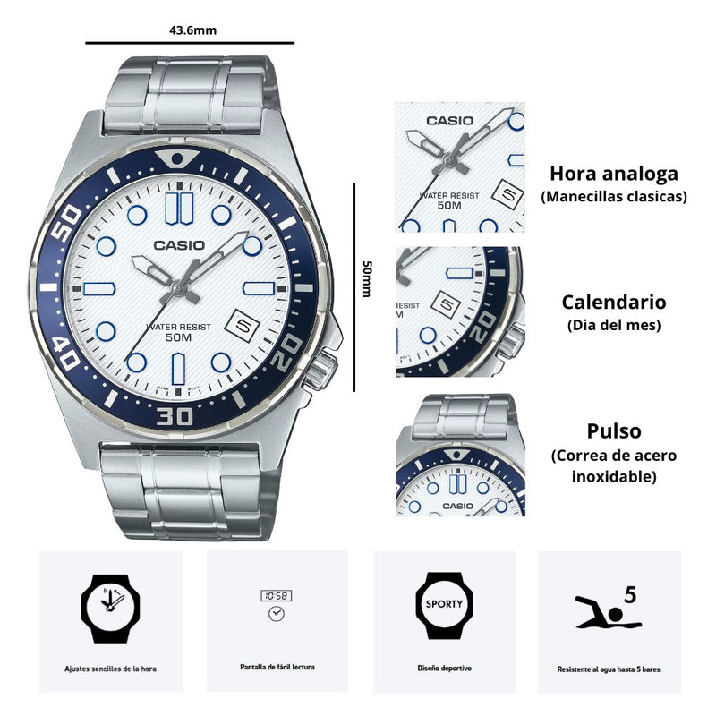 Reloj Casio Modelo MTD-135D-7A Diseño Deportivo