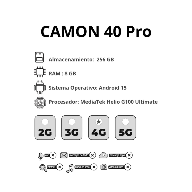 Celular TECNO CAMON 40 Pro 256GB 8+8GB RAM Negro