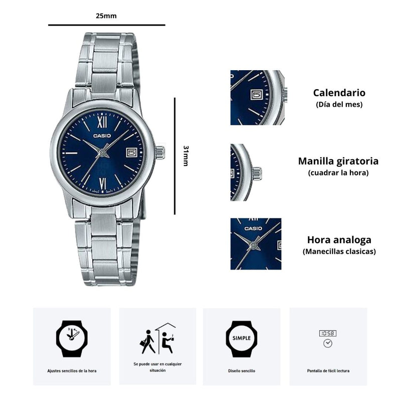 Reloj Casio Modelo LTP-V002D-2B3 Diseño Elegante