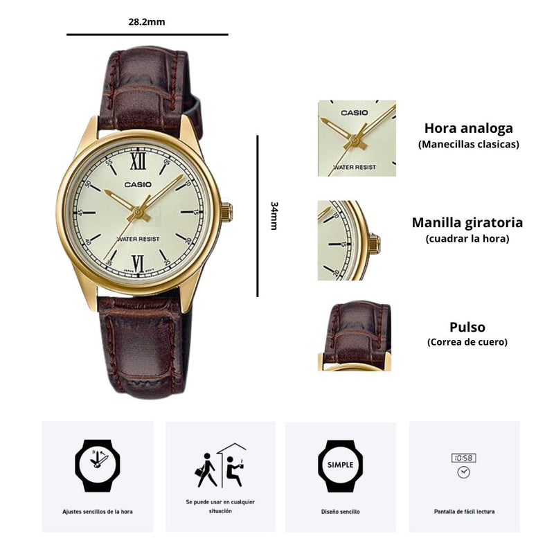 Reloj Casio Modelo LTP-V005GL-9B Para Dama Diseño Elegante