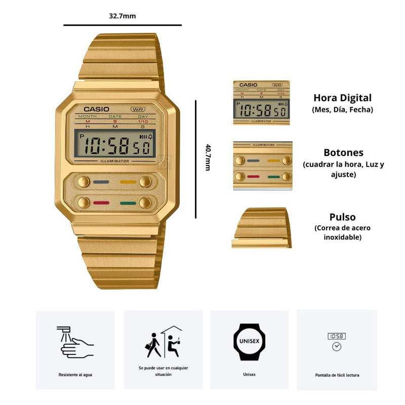 Reloj Casio Modelo A100WEG-9A Diseño Clasico Vintage