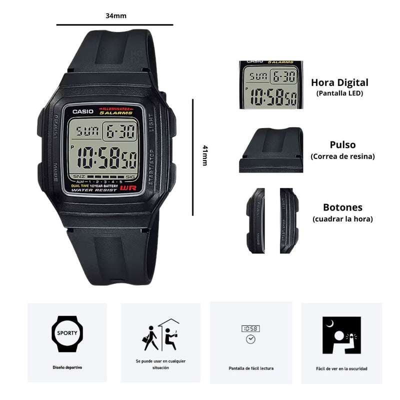 Reloj Casio Modelo F-201WA-1A Diseño Deportivo