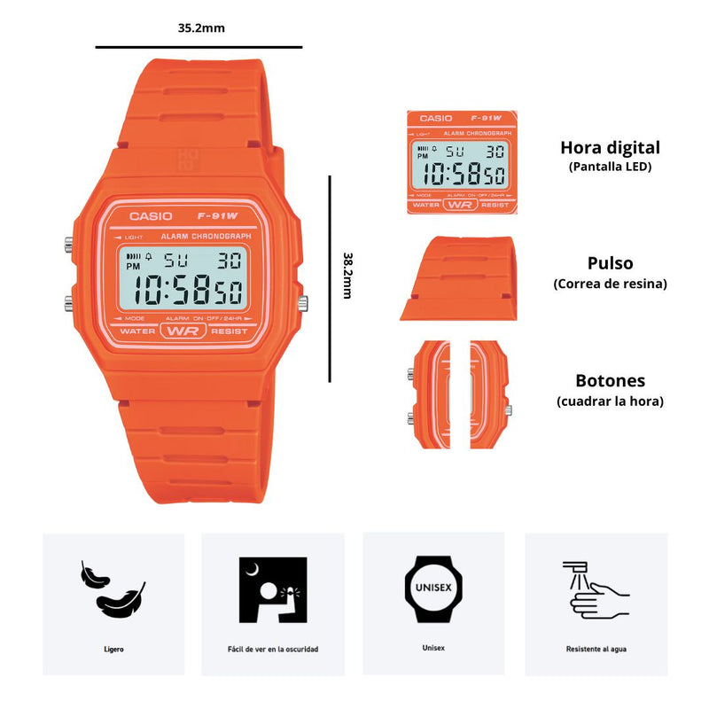 Reloj Casio Referencia F-91WC-4A2 Deportivo Retro Original