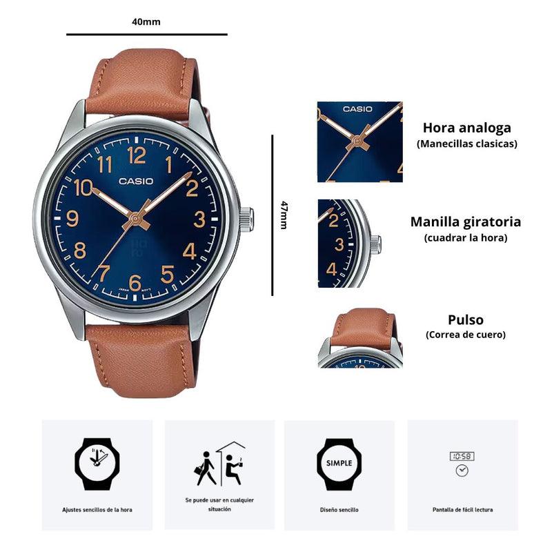 Reloj Casio Para Caballero Referencia MTP-V005L-2B4 Diseño Elegante