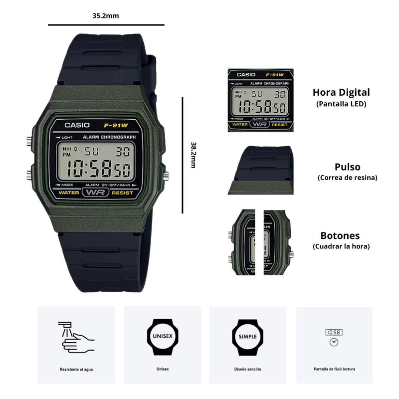 Reloj Casio F-91WM-3A Deportivo Retro Original
