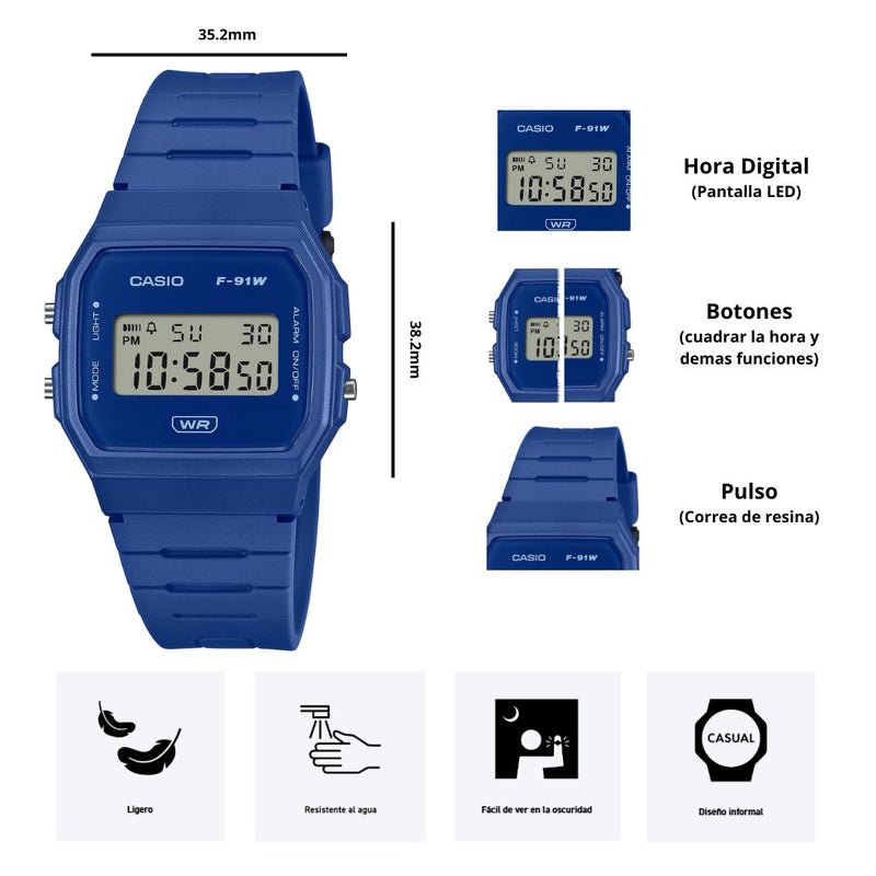 Reloj Casio Referencia F-91WB-2A1 Diseño Retro