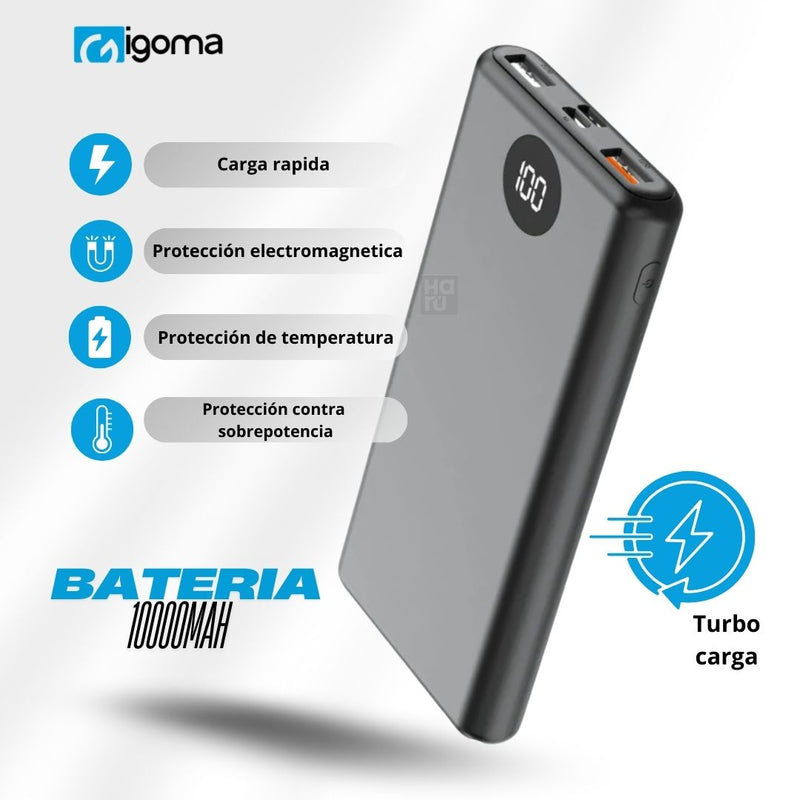 Bateria Portatil IGOMA De 10000mAh Turbo Carga - Negra