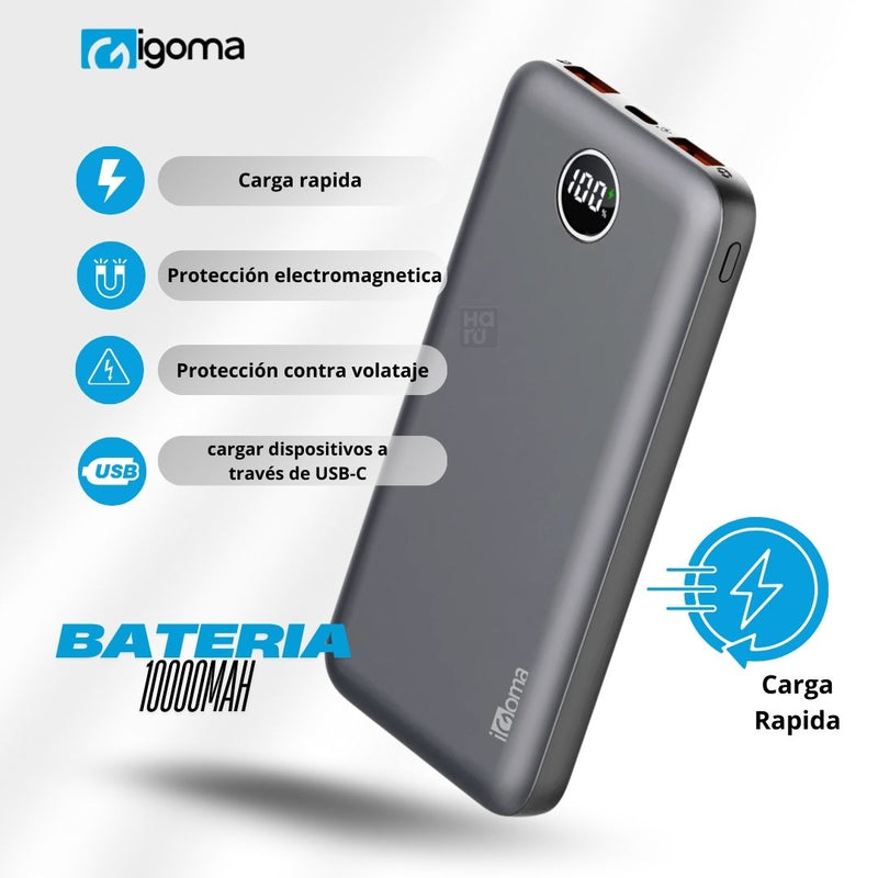 Bateria Portatil IGOMA De 10000mAh Carga Rapida - Negra