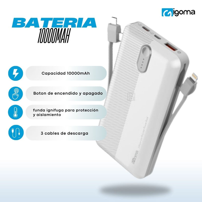 Bateria Portatil IGOMA De 10000mAh Con 3 Cables - Blanca