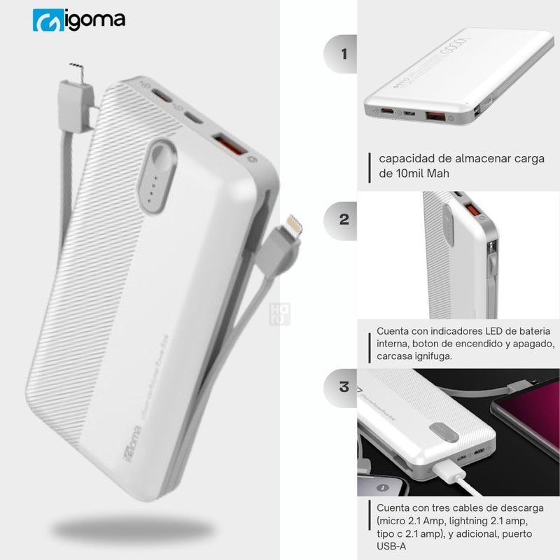 Bateria Portatil IGOMA De 10000mAh Con 3 Cables - Blanca